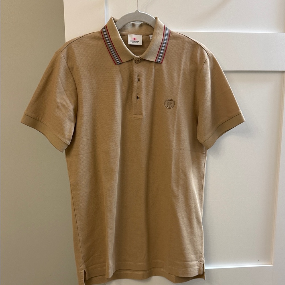 Burberry Tan Polo Shirt with Striped Collar